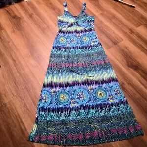 Spense Womens Blue Multi Geometric Medallion V-Neck Maxi Dress Large Summer Boho
